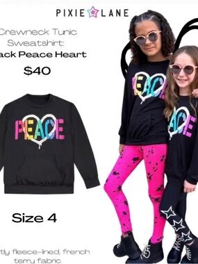 Pixie Lane Girls' Black 'Peace' Crewneck Sweatshirt